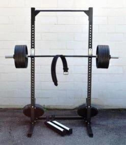 Half Rack With Pull-up Bar 8 Half Rack With Pull-up Bar -Gym Plus Shop Half Rack Front View with loaded Bar